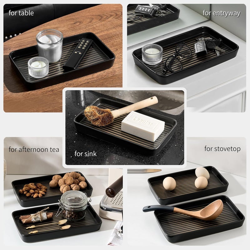 Pottify Bathroom Vanity Tray for Countertop,2PC Rectangle Striped Tray,Decorative Bathroom Organizer for Scrubber, Lotion Bottles, Perfume, Jewelry, Candle, Key Trinket Ring(Large,Black) - Image 5